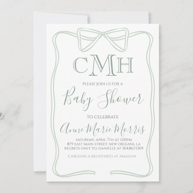 Invitation Baby shower Sage Green Coquette Bow FAIRE N'IMPORT (Devant)