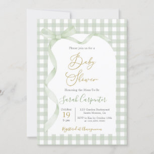 Invitation Baby shower Sage Green En vichy et Bow