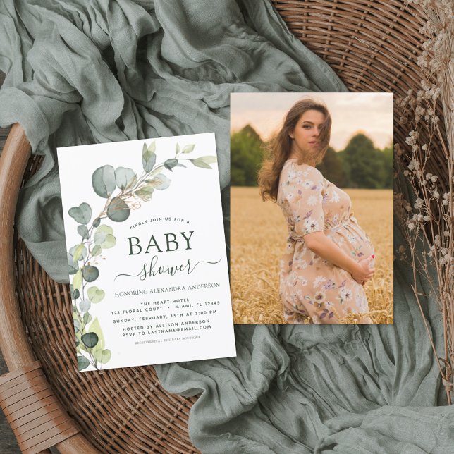 Invitation Baby shower Sage Green Photo Verdure Eucalyptus (Créateur téléchargé)