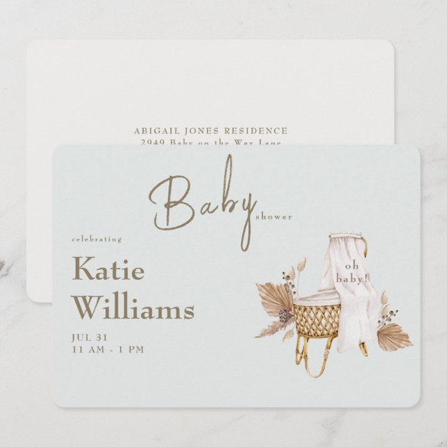 Invitation Baby shower Sage Léger Bassinet Boho (Devant / Derrière)