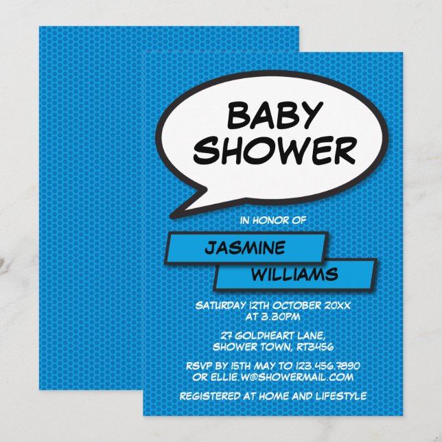 Invitation Baby shower Saupoudrer Moderne Garçon Bleu Amusant (Devant / Derrière)