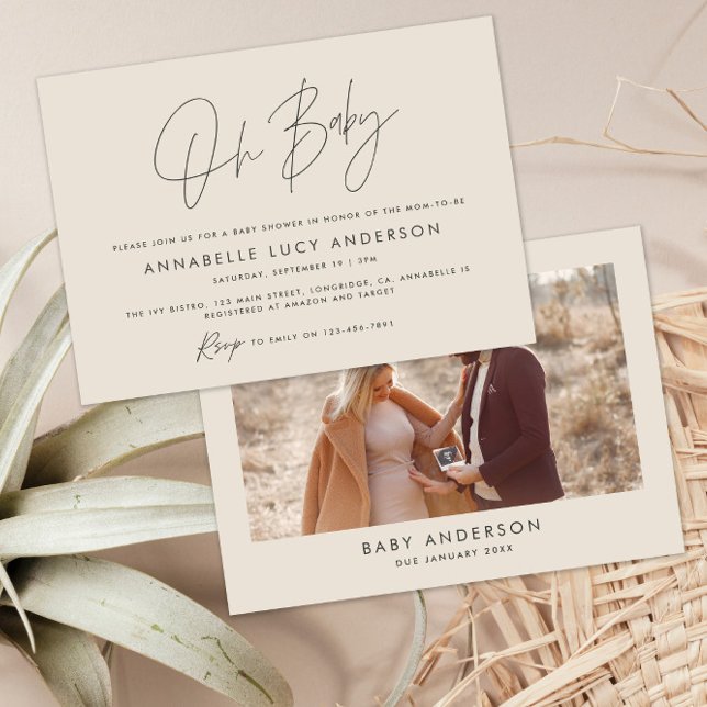 Invitation Baby shower script crème moderne photo boho nature (Créateur téléchargé)