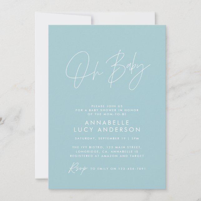 Invitation Baby shower script moderne bébé bleu élégant (Devant)