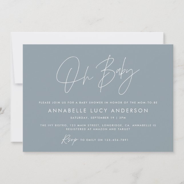 Invitation Baby shower script moderne bleu foncé photo boho (Devant)