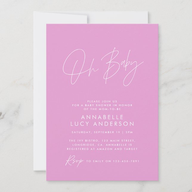 Invitation Baby shower script moderne cerise rose élégant (Devant)