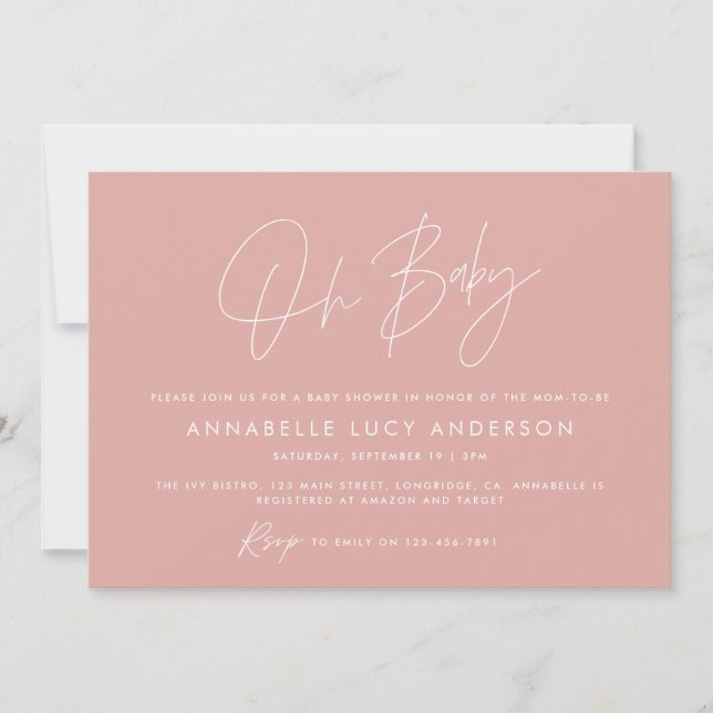 Invitation Baby shower script moderne élégant photo rose rose (Devant)