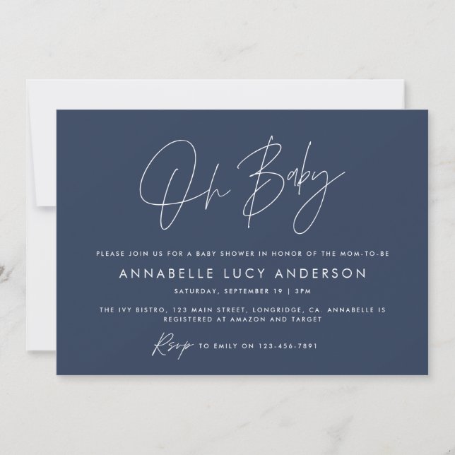 Invitation Baby shower script moderne marine bleu boho photo (Devant)