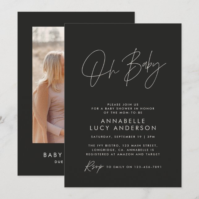 Invitation Baby shower script moderne noir élégant photo (Devant / Derrière)