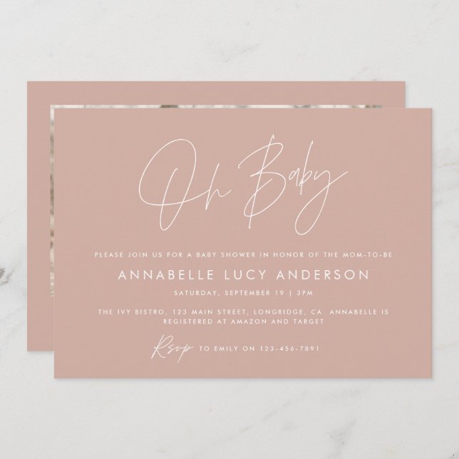 Invitation Baby shower script moderne photo rose terre cuite (Devant / Derrière)
