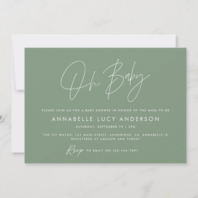 Invitation Baby shower script moderne sauge vert boho (Devant)