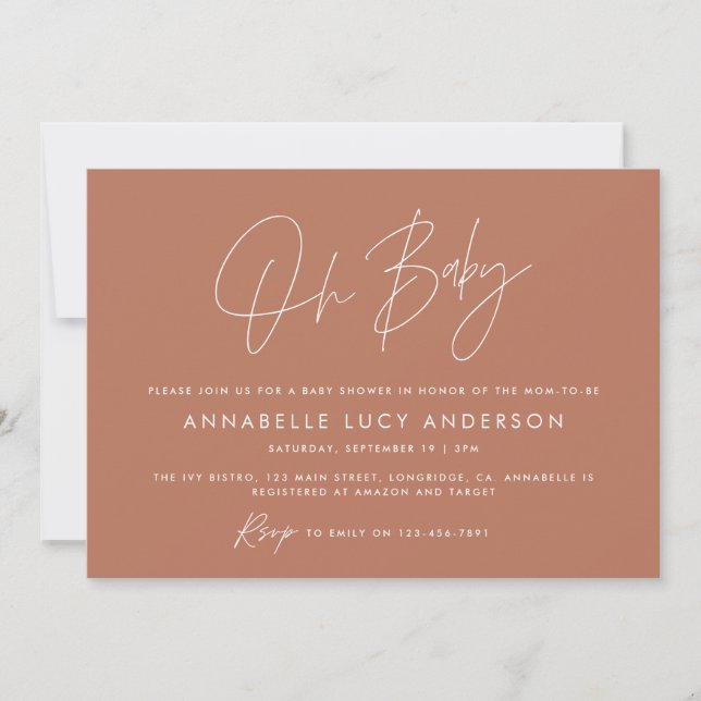 Invitation Baby shower script moderne terre cuite élégante ph (Devant)