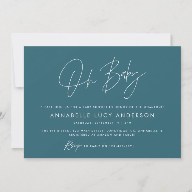 Invitation Baby shower script moderne turquoise bleu boho pho (Devant)