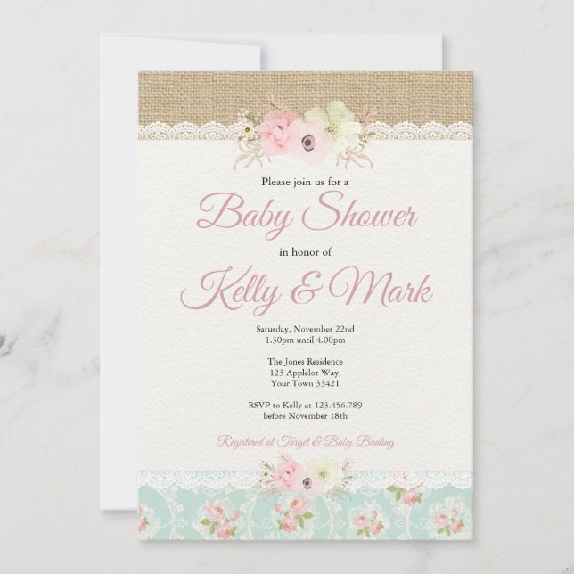 Invitation Baby shower Shabby Chic Burlap & Lace Girl (Devant)