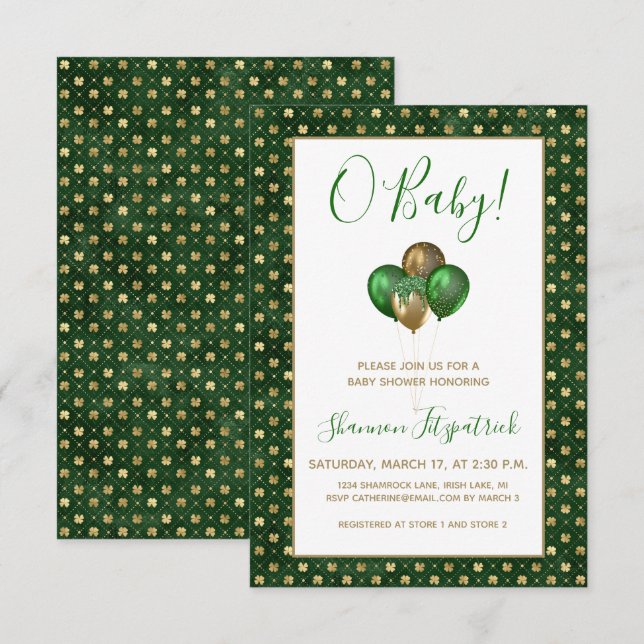 Invitation Baby shower Shamrock de la St. Patrick's Day Gold  (Devant / Derrière)