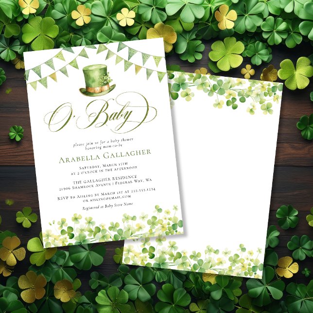 Invitation Baby shower Shamrock écocouleur (Green Watercolor Shamrock Baby Shower Invitation)