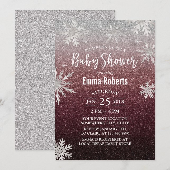 Invitation Baby shower Silver Flocon de neige Bourgogne Parti (Devant / Derrière)