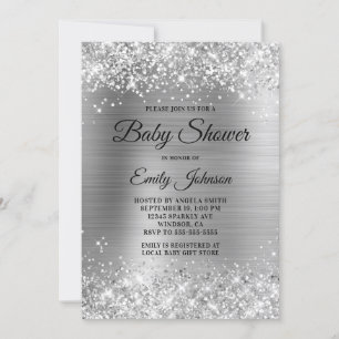 Invitation Baby shower Silver Glittery Foil Fancy Script