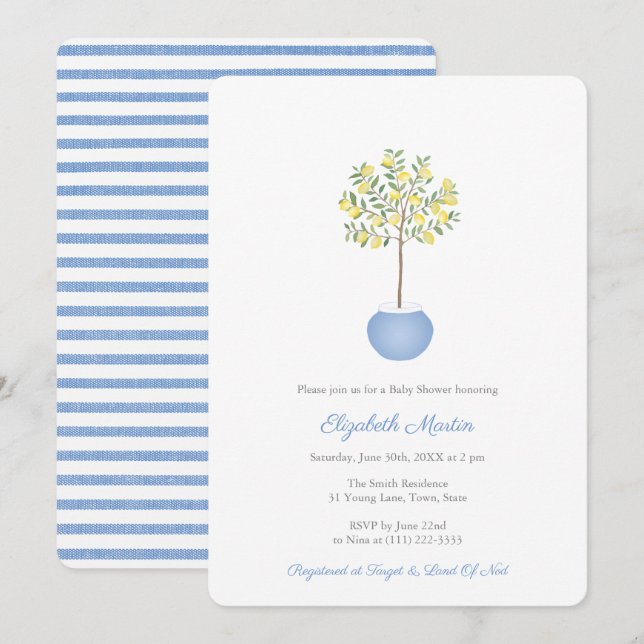 Invitation Baby shower simple citronnier bleu jaune (Devant / Derrière)