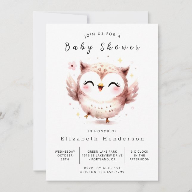 Invitation Baby shower simple de chouette modifiable (Devant)