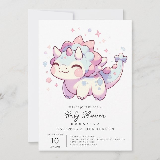 Invitation Baby shower simple de dinosaure doux (Devant)