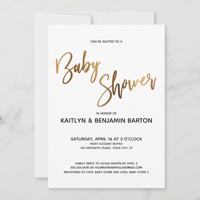 Invitation Baby shower simple de typographie or (Devant)
