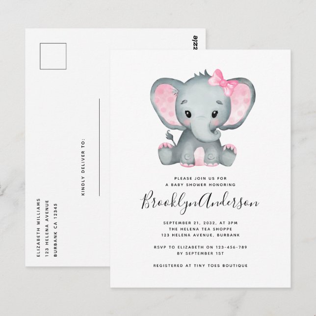 Invitation Baby shower simple d'éléphant rose (Devant / Derrière)