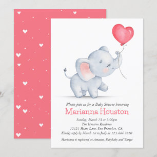 Invitation Baby shower simple éléphant et ballon cardiaque