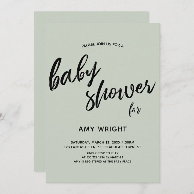 Invitation Baby shower simple et moderne de vert sauge (Devant / Derrière)