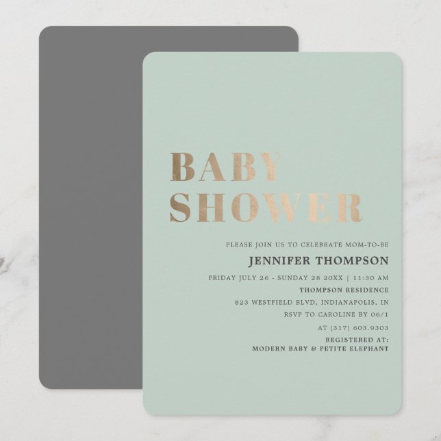 Invitation Baby shower simple Neutre Eucalyptus Vert & Or (Devant / Derrière)