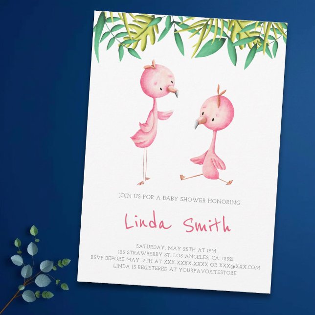 Invitation Baby shower simple Tropical Flamant rose Twins (Créateur téléchargé)