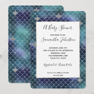 Invitation Baby-Shower Sirène Bleu Aqua Argenté