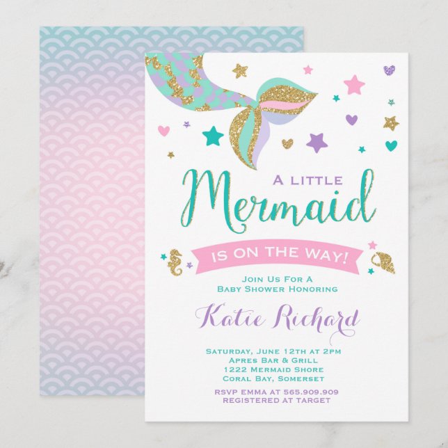 Invitation Baby shower sirène rose Turquoise pourp (Devant / Derrière)