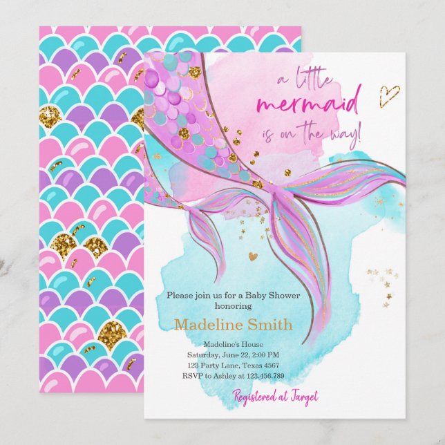 Invitation Baby shower Sirène Saupoudrer la fille rose Invita (Devant / Derrière)