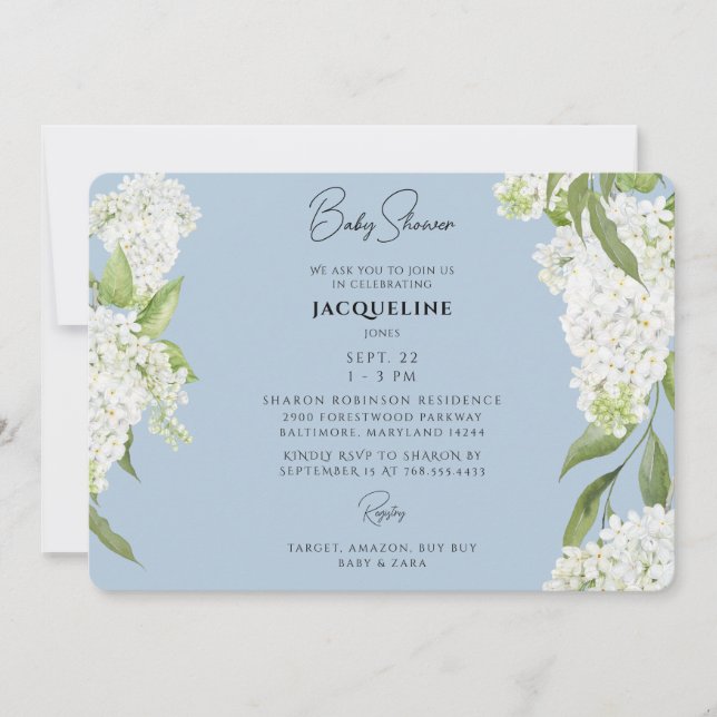 Invitation Baby shower Sky Blue Driving White Hydrangeas (Devant)