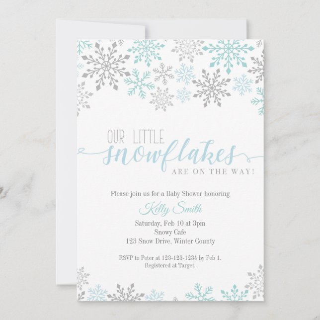 Invitation Baby shower Snowflakes, Twin Boys, Blue Winter (Devant)