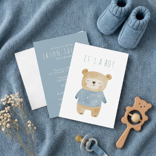 Invitation Baby shower somptueux à l'ours en peluche bleu dou