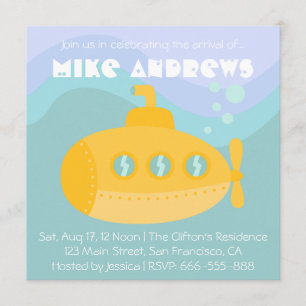 Invitation Baby Shower : Sous-marin jaune adorable sous l'eau