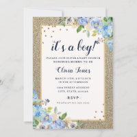 Baby shower Sparkle Boy Blue Gold floral