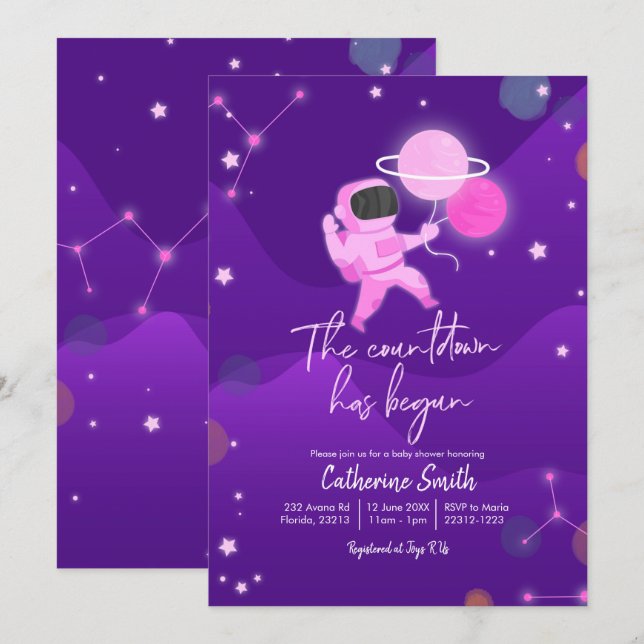Invitation Baby shower spatial de la planète fille (Devant / Derrière)
