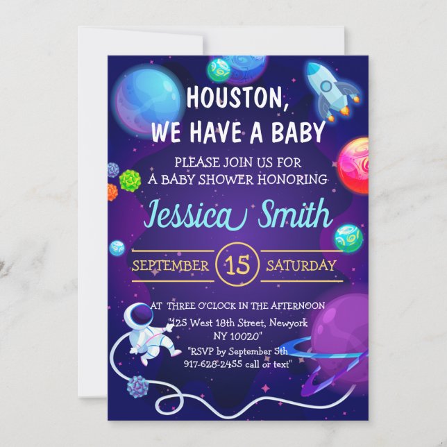 Invitation Baby shower spatial planète astronaute bleue (Devant)