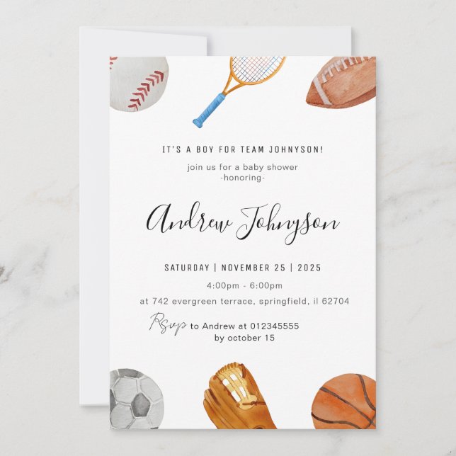 Invitation Baby shower sportif élégant personnel (Devant)