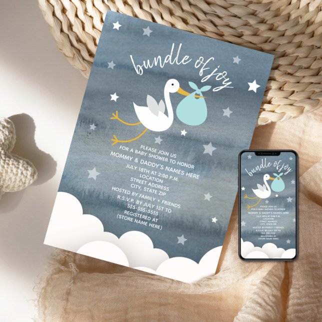 Invitation Baby shower Stork Avec Blue Bundle Stars (Créateur téléchargé)