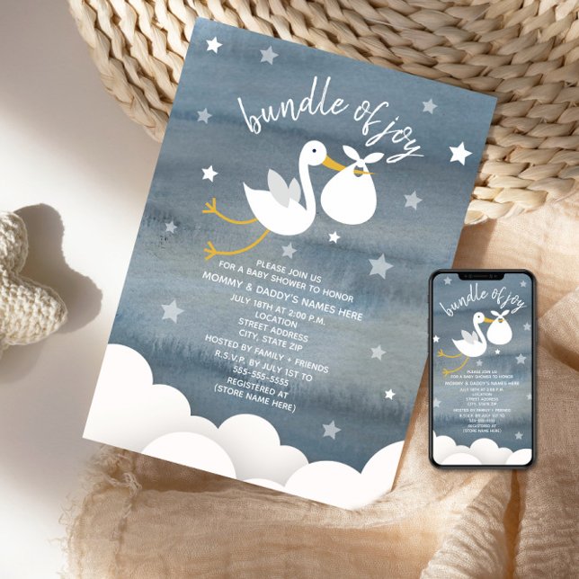 Invitation Baby shower Stork Avec Étoiles Bundle Blanc (Créateur téléchargé)