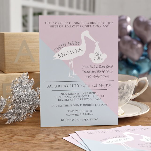 Invitation Baby shower Stork Rose et Blue Twin (Just add your Twin Baby Shower Details)