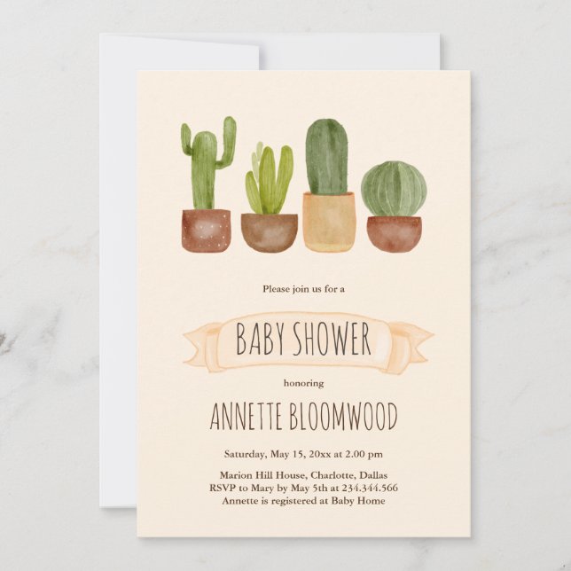 Invitation Baby shower Succulent Cactus en Terracotta Pot (Devant)