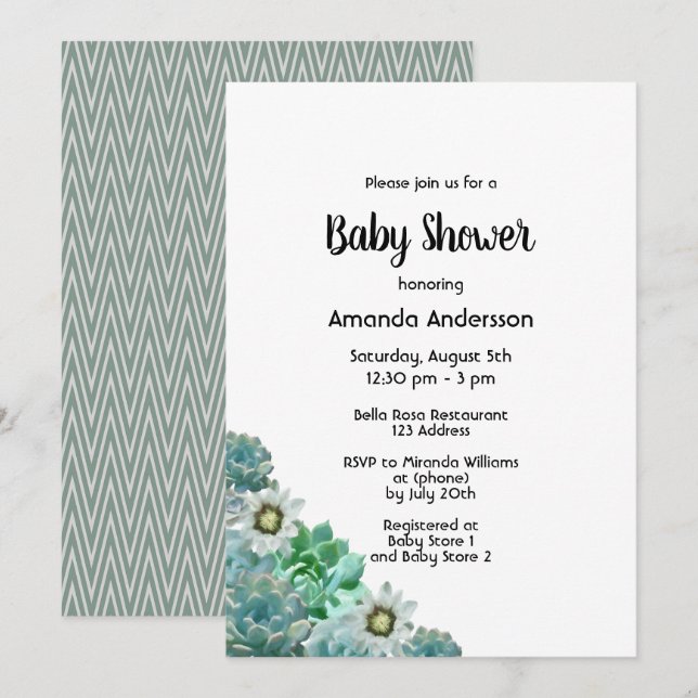 Invitation Baby shower succulent cati fleurs blanc vert (Devant / Derrière)