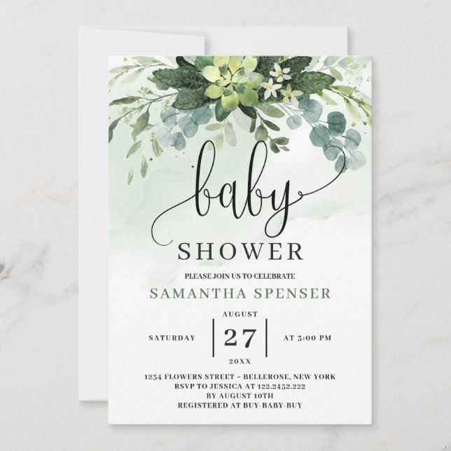 Invitation Baby shower succulent d'Eucalyptus (Devant)