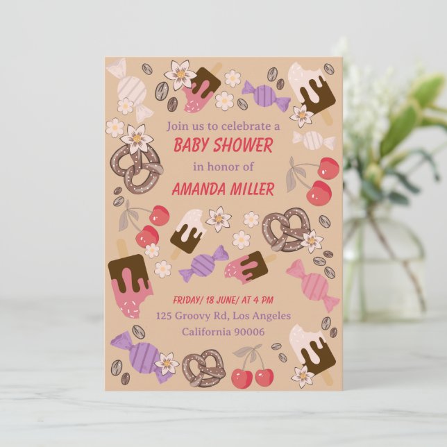 Invitation Baby shower sucré et salé Traitements Motif beige (Debout devant)