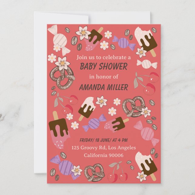 Invitation Baby shower sucré et salé Traitements Motif rouge (Devant)