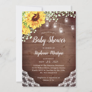 Invitation Baby shower Sunflower Lace Mason Jar Lumières